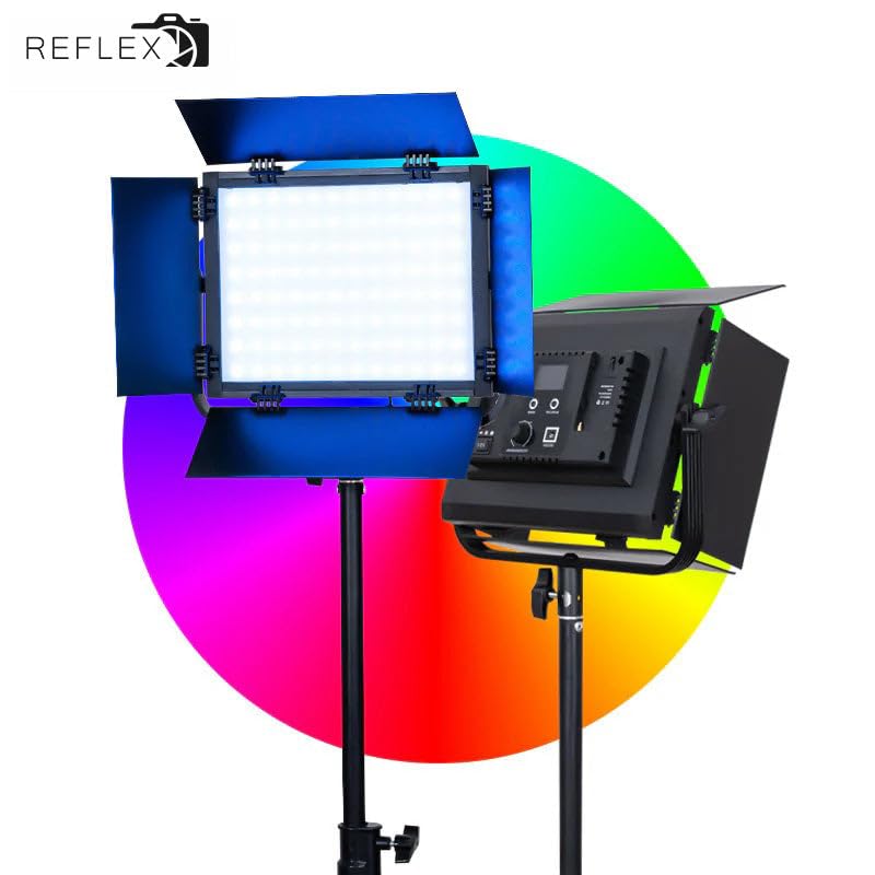 REFLEX CAMERA RGB LED Video Light Panel 3200K–5600K Bi-Color Dimmable with App & Remote Control – Studio Light for Photography, YouTube, Filmmaking, Adjustable Hue Saturation Barn Doors