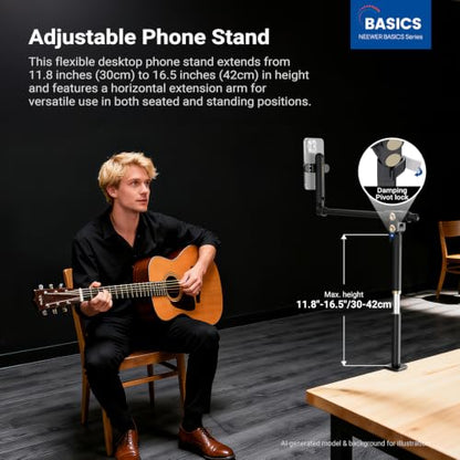 NEEWER Basics Overhead Phone Mount Holder Stand, Metal Desk Tripod Camera Rig Compatible with iPhone Android Samsung for Cooking Makeup Drawing Vlogging Live Streaming Filming Video Recording, ST013
