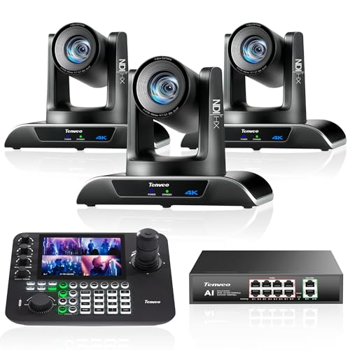 Tenveo 4K 20X NDI PTZ Camera with AI Humanoid & Face Auto-Tracking HDMI/USB3.0/LAN(PoE) (3pcs) and 7’’ LCD Quad-Screen NDI PTZ Joystick Controller and 8 Port PoE Switch Bundle/Kit for Live Production - color: Flat Black