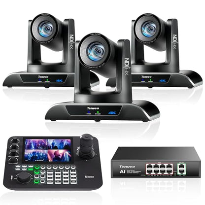 Tenveo 4K 20X NDI PTZ Camera with AI Humanoid & Face Auto-Tracking HDMI/USB3.0/LAN(PoE) (3pcs) and 7’’ LCD Quad-Screen NDI PTZ Joystick Controller and 8 Port PoE Switch Bundle/Kit for Live Production - color: Flat Black
