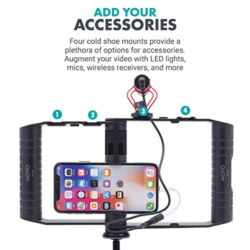 Movo SPR-20 Foldable Smartphone Video Rig Cage with Cold Shoe Mounts for Microphone or LED Light - Vlogging Mount Compatible with iPhone, Android - Smartphone Video Stabilizer Grip - Filming Equipment