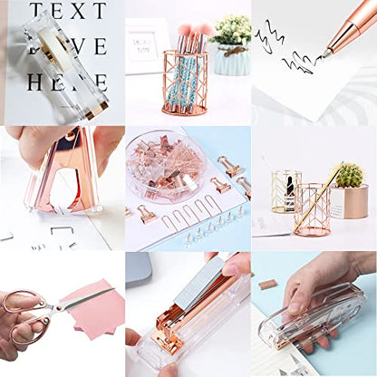 Famassi Rose Gold Desk Accessories，Office Supplies Set Acrylic Stapler Set Staple Remover, Tape Holder, 2 Ballpoint Pen, Scissor, Binder/Paper Clips and 1000pcs Staples. - color: Rose Gold