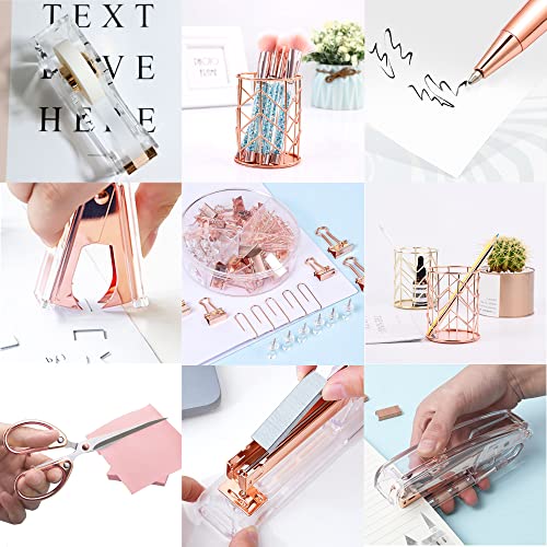 Famassi Rose Gold Desk Accessories，Office Supplies Set Acrylic Stapler Set Staple Remover, Tape Holder, 2 Ballpoint Pen, Scissor, Binder/Paper Clips and 1000pcs Staples. - color: Rose Gold