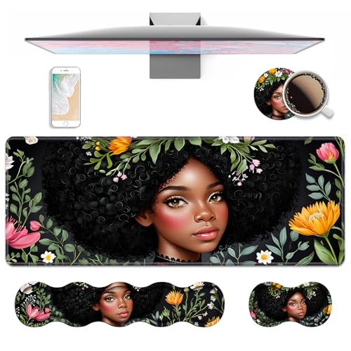 4 in 1 Ergonomic Keyboard Wrist Rest & Mouse Pad Wrist Rest Set, Large XXL Gaming Desk Mat 31.5"x 11.8" with Non-Slip Base, Memory Foam for Home Office Study Gaming, American Black Girl - color: American Black Girl