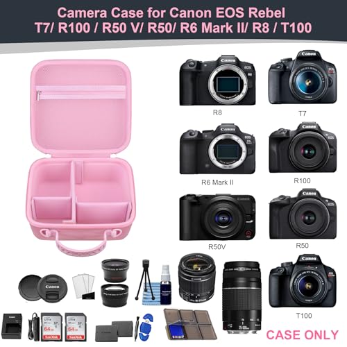 RAIALL Camera Case for Canon EOS Rebel T7/ R50/ R50V/ R100/ R5/ R6 Mark II/ R7/ R8/ R10/RP/T6/ Sony/Nikon D7500 Camera, Hard Carrying Case Protective Travel Bag Fits Lens, Tripod, Batteries, Pink - color: Pink
