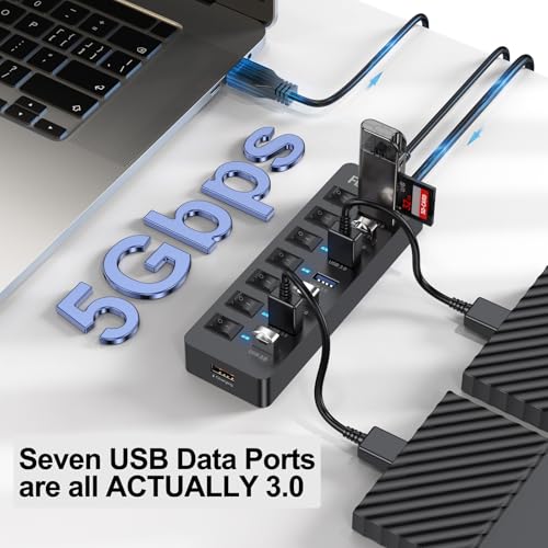 Powered USB Hub 4ft Cord for PC, 7 USB3.0 Data Ports and 1 Smart Charging Port with Power Adapter & Individual Switches for MacBook Pro/Air/Neo Laptop Desktop Computer Mini PC