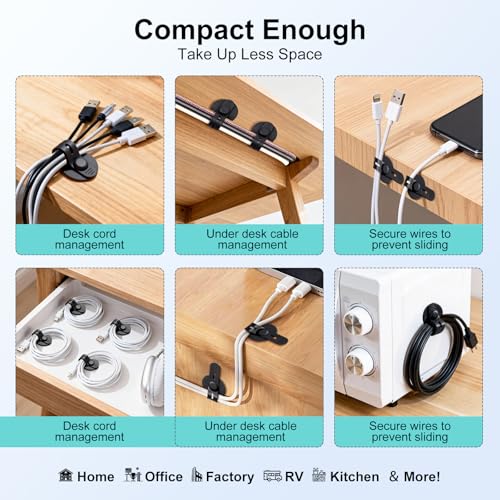Silicone Self Adhesive Under Desk Cable Management 12Pcs - Black | Adjustable, Elastic, Cord Organizers for Computer, TV, Machine Wires in Homes, Offices, Schools, Classrooms and Factories
