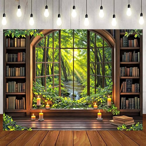 5 x 3 ft Forest Bookshelf Backdrop Library Retro Vintage Wooden Book Office Bookcase Backdrop Home Office Zoom Meeting Video Conference Decor Medieval Art Book Recording Photo Props - color: Green, size: 5X3FT