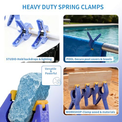 9 inches Spring Clamps Heavy Duty - 6 Pack Large Plastic Clamps& Safety Work Gloves for Woodworking, Crafts, Backdrop and Pool Cover with 3.5 Inches Mouth Opening And Serrated jaws - size: 9 inches