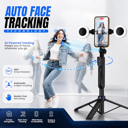 70" Auto Face Tracking Tripod for iPhone with Light, 360° Rotating Selfie Stick for Android with Remote & Gesture Control, Phone Holder Video Recording for Content Creators, TIKTok & Live Streaming