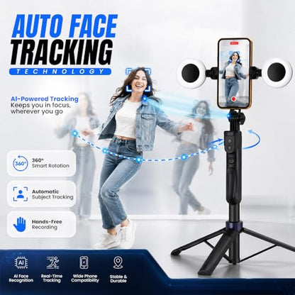 70" Auto Face Tracking Tripod for iPhone with Light, 360° Rotating Selfie Stick for Android with Remote & Gesture Control, Phone Holder Video Recording for Content Creators, TIKTok & Live Streaming