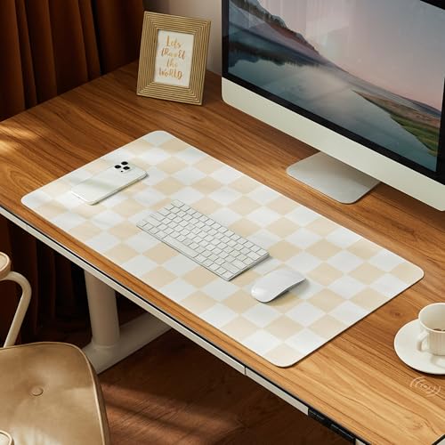 Ohocut Checkered Desk Mat, 31.5" x 15.7" Large Cute Beige Sand Aesthetic Retro Accessories, PU Leather Computer Laptop Desk Mat Mouse Keyboard Pad, Desk Writing Makeup Mat for Vanity/Work/Home Decor - color: Beige, size: 31.5" x 15.7"