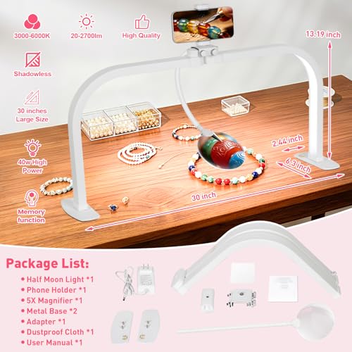 HITTI Half Moon Light for Nail Desk with 5X Magnifier, 30" Foldable LED Arch Tech Lamp with Phone Holder for Manicure, Handicraft, Art, Eyelash Extension - 3 Color Modes & 10 Brightness, Home & Salon - color: White