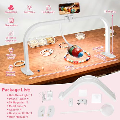 HITTI Half Moon Light for Nail Desk with 5X Magnifier, 30" Foldable LED Arch Tech Lamp with Phone Holder for Manicure, Handicraft, Art, Eyelash Extension - 3 Color Modes & 10 Brightness, Home & Salon - color: White