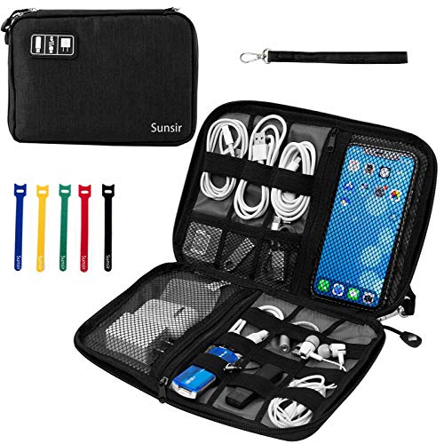 Travel Cable Organizer Bag Waterproof Portable Electronic Accessories Organizer for USB Cable Cord Phone Charger Headset Wire SD Card with 5pcs Cable Ties(Black) - color: Black