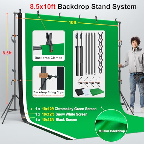 LINCO Lincostore Photo Video Studio Light Kit AM169 PRO - Including 3 Color Backdrops (Black/White/Green) Background Screen (8.5x10ft Background Frame with 10x12ft Backdrop)