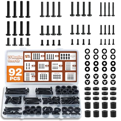 92PCS Universal TV Mounting Hardware Screw Kit Set - M4 M5 M6 M8 Screws, Spacers and Washers for Most TV/Monitor VESA Mount, TV Mount Replacement Screws with Box up to 80", Black