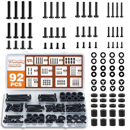 92PCS Universal TV Mounting Hardware Screw Kit Set - M4 M5 M6 M8 Screws, Spacers and Washers for Most TV/Monitor VESA Mount, TV Mount Replacement Screws with Box up to 80", Black