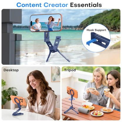 OMOTON TP03 [Ultra-Slim] for MagSafe Tripod, 360° Rotating Magnetic Phone Tripod for iPhone 17/16 Pro Max Air Women Men, Fold Cell Phone Stand with 1/4" Screw & Hook Fits Vlog, Live, Travel, Blue - color: Blue