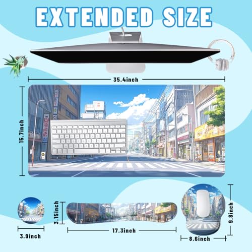Anime Tokyo Desk Mat Set Summer City Large Mouse Pad with Wrist Rest 4in1 Desk Mat for Desktop Ergonomic Keyboard Wrist Support Anti-Slip Computer Ergonomic Mouse Pad Home Office Gaming - color: Anime Tokyo