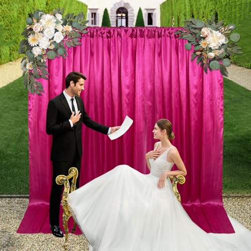 10ft x 7ft Fuchsia Backdrop Curtains for Parties, Fabric Satin Background Curtain with Rod Pockets for Weddings, Birthday, Baby Shower, Photography, Graduation Party Backdrop Drapes, 2 Panels - color: Fuchsia