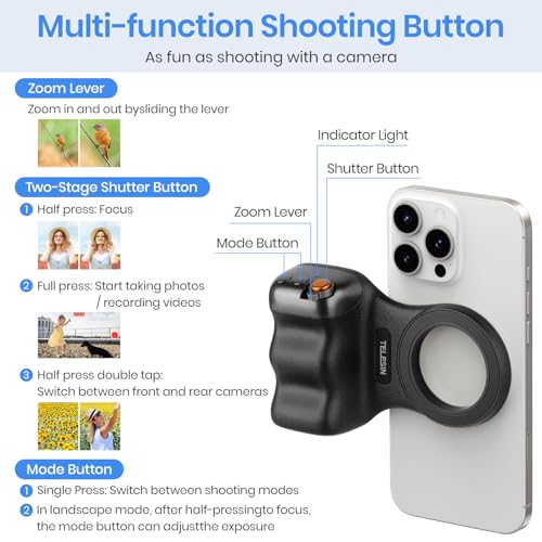 Magnetic Phone Camera Grip, Smartphone Shooting Holder Selfie Handle Snap with Wireless Shutter Button Remote for iPhone 16 15 14 13 12 Pro Max Android Cellphone Vlog Video Photography (Black) - color: Black