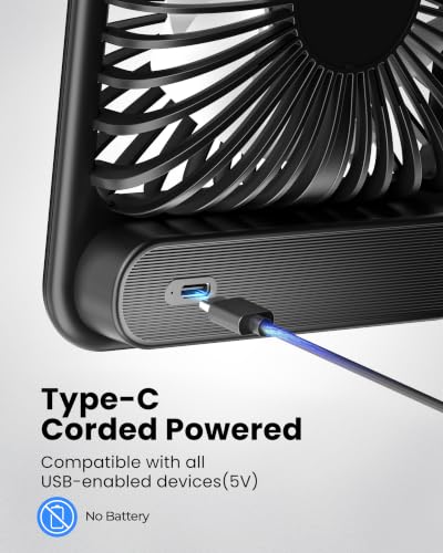 Koonie USB Desk Fan, Strong Wind Ultra Quiet Small Personal Fan with 180° Tilt Folding and 3 Speeds Adjustable, USB-C Corded Powered Mini USB Fan for Office Desktop Bedroom, NO BATTERY | 180° Tilt Folding & 3 Speeds Adjustable, USB-C Corded Powered Person