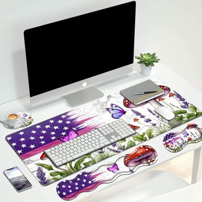 4 in 1 Ergonomic Keyboard Wrist Rest & Mouse Pad Wrist Rest Set, Large XXL Gaming Desk Mat 31.5"x 11.8" with Non-Slip Base, Memory Foam for Home Office Study Gaming, American Flag Mushroom Butterfly - color: American Flag Mushroom Butterfly