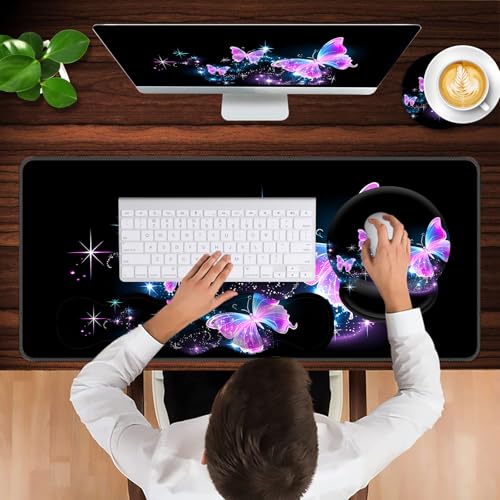 Mouse Pad,Large Pink Desk Mat, 4in1 XXL Mousepad + Keyboard Wrist Rest+Mouse Wrist Rest+Coaster Set with Ergonomic Desk Pad for Home Office Table Computer-Glowing Night Pink Butterflies - color: Glowing Night Pink Butterflies, size: 4 Pcs-XXL