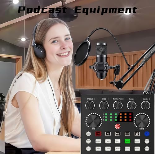 BM-800 Podcast Equipment Bundle, Voice Changer Microphone Kit with Stand, Professional Recording Studio Package for Live Streaming (Black)