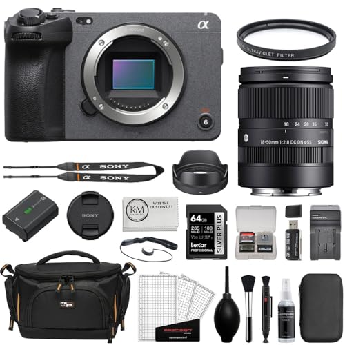 Sony FX30 Digital Cinema Camera Bundle with Sigma 18-50mm f/2.8 Lens + UV Filter + 64GB Memory Card + Battery Charger + Memory Card Reader + Camera Bag + Cleaning Kit + Cloth (12 Items) - size: w/ Sigma 18-50mm F2.8 Lens