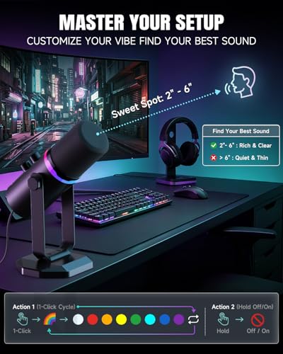 AOC USB/XLR Dynamic Microphone for PC Gaming & Podcasting, Dual-Mode Studio Streaming Mic with RGB Light, Quick Mute, Volume/Gain Control Knob, Heavy-Duty Desk Stand, Type-C & XLR Cables Included