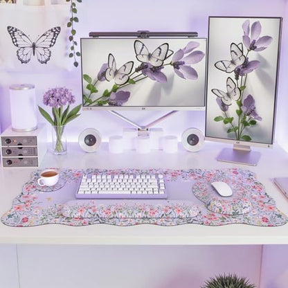 iCasso Desk Mat Set,Large Mouse Pad with Wrist Rest,Ergonomic Keyboard Wrist Support for Women,Girly Floral Computer Mat with Scalloped Edges,Non-Slip Desk Pad Home Office Gaming (Purple) - color: Purple