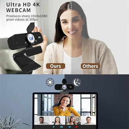 4K Webcam Camera for Computer, External Camera with Microphone, USB Plug&Play, Auto Low Light Correction, Privacy Cover, Tripod, Wide Angle for Meeting/Online Video/Zoom - style: 4K-with tripod
