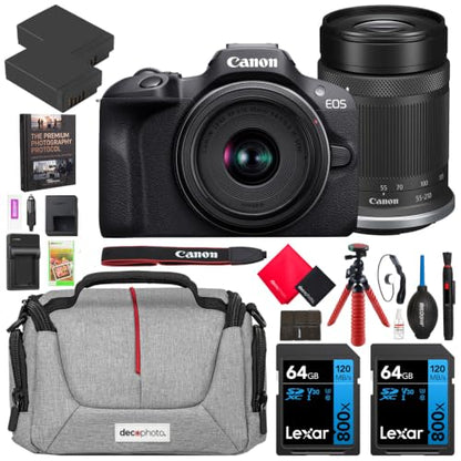 Canon EOS R100 Mirrorless Camera Body w/ 2 Lens Kit RF-S 18-45mm is STM and RF-S 55-210mm is STM 6052C022 Bundle w/Deco Gear Bag + 2X Battery + 2X 64GB Memory Cards + Photography Pro Kit & More - color: Midnight