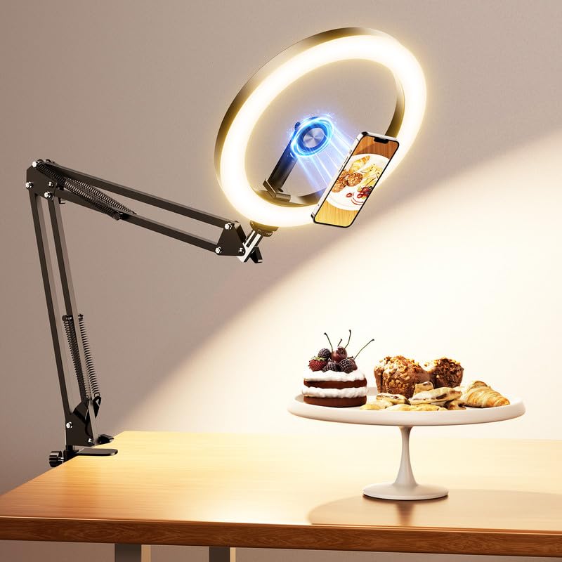 Magnetic Overhead Ring Light for Desk, 10” Selfie Light with Stand Tripod for iPhone, Adjustable Overhead Phone Mount with MagSafe-Compatible Holder for Recording, Vlogging, Crafts, TikTok, YouTube - size: 36" tall - Magnetic Phone Holder