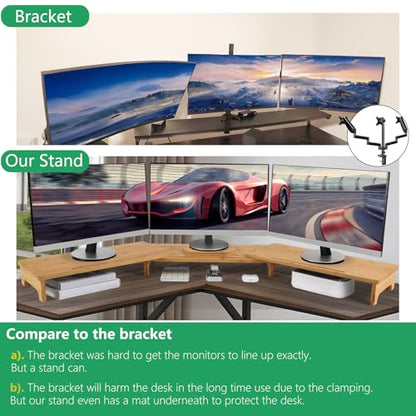 Nnewvante Monitor Stand Riser, 60 inch Large Bamboo Dual Monitor Stand for Desk, 3 Shelves Desktop Screen Riser with Adjustable Length Angle for Computer Laptop PC