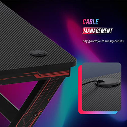 BestOffice | 47" Gaming Desk | Red | Carbon Fiber Textured Computer Desk | Sturdy Steel Frame, Cup Holder, Headphone Hook, Cable Management Holes, Adjustable Leg Pads | for Gamers, Home, Office - color: Red, size: 47 Inch R Shaped