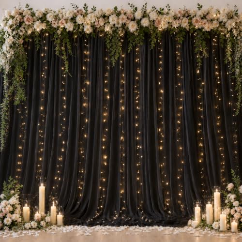 Ledido 10×10ft Black Tulle Backdrop Curtain with Light(2 Panels 5×10ft) | 300LED Fairy Lights Black Sheer Curtain Backdrop for Wedding Baby Shower Photo Shoot Birthday Party Decoration - color: Black, size: 10×10ft(2 Panels 5×10ft)