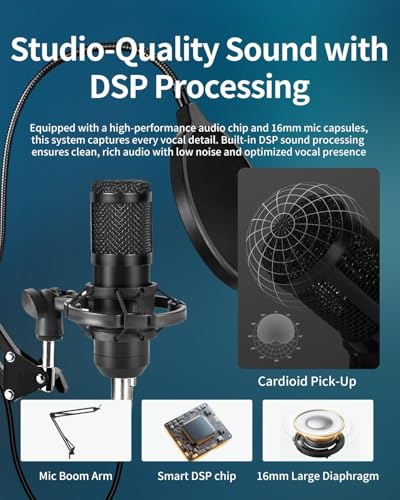 Podcast Equipment Bundle for 1, Studio Recording Kit with Condenser Mics, Bluetooth Sound Card, DSP Effects, Real-Time Monitoring, Plug & Play for Streaming, Singing, Gaming, (Black, 2 Packs)