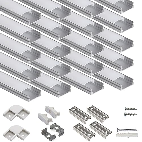 hunhun 20-Pack 3.3ft/1Meter U Shape LED Aluminum Channel System with Milky Cover, End Caps and Mounting Clips, Aluminum Profile for LED Strip Light Installations, Very Easy Installation