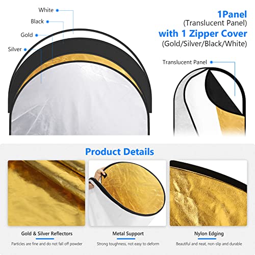 NEEWER 31"x47"/80x120cm Light Reflectors for Photography, Portable 5 in 1 Collapsible Multi Disc with Bag - Translucent, Silver, Gold, Black, White Diffuser for Studio and Outdoor Lighting - size: 31" x 47"