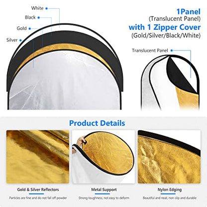 NEEWER 31"x47"/80x120cm Light Reflectors for Photography, Portable 5 in 1 Collapsible Multi Disc with Bag - Translucent, Silver, Gold, Black, White Diffuser for Studio and Outdoor Lighting - size: 31" x 47"