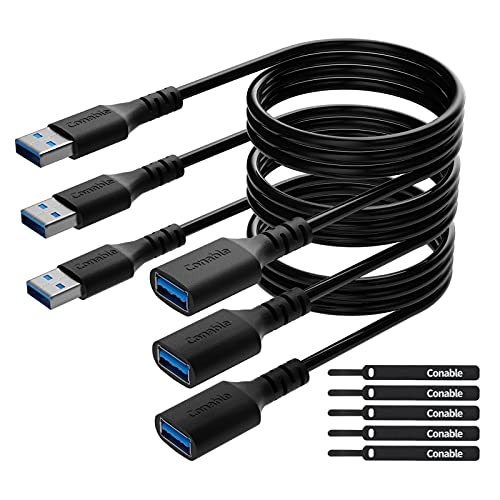3 Pack USB 3.0 Extension Cable 6 Feet, USB A Male to Female Extender Cord, 5Gbps Data Transfer for Webcam, Printer, Keyboard, Mouse, Flash Drive, Hard Drive, Controller, Black Cable with 5 Cable Ties - size: 6 Feet (3 Pack)