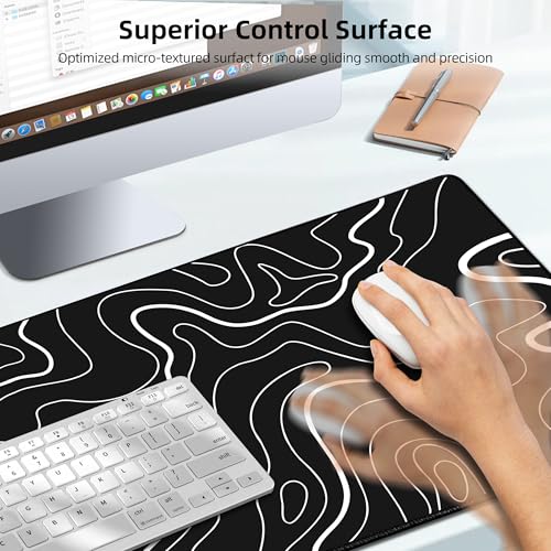 Mouse Pad with Wireless Charging, Gaming Mouse Pad with Ultra-Smooth Surface, Large XXL Desk Mat, Non-Slip Mouse Mat, Waterproof Computer Keyboard Pad for Gaming, Desk, Office, PC, 800x400x4MM, Black - color: Black and Topographic Line - 31.5"x15.7"