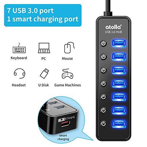 Powered USB Hub 3.0, Atolla 8-Port USB 3.0 Data Hub Splitter with One Smart Charging Port and Individual On/Off Switches and 5V/4A Power Adapter USB Extension for MacBook, Mac Pro/Mini and More - size: 8-Port USB 3.0 Hub