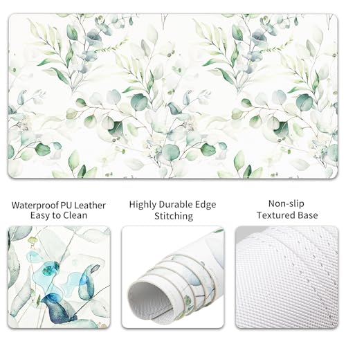 QIYI Leather Desk Mat Set, 4-in-1 Large Mouse Pad with Ergonomic Wrist Rest, Waterproof Desk Pad + Keyboard Wrist Rest + Mouse Wrist Support + Coaster, Non-Slip Office Gaming Accessories, Eucalyptus - color: Eucalyptus Branches