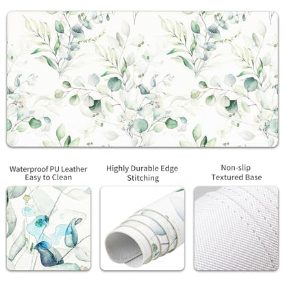 QIYI Leather Desk Mat Set, 4-in-1 Large Mouse Pad with Ergonomic Wrist Rest, Waterproof Desk Pad + Keyboard Wrist Rest + Mouse Wrist Support + Coaster, Non-Slip Office Gaming Accessories, Eucalyptus - color: Eucalyptus Branches