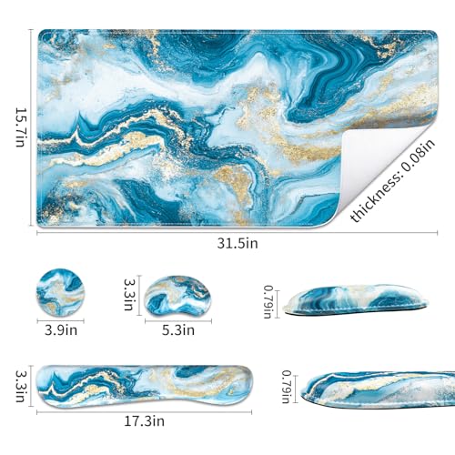 QIYI Leather Desk Mat Set, 4-in-1 Large Mouse Pad with Ergonomic Wrist Rest, Waterproof Desk Pad + Keyboard Wrist Rest + Mouse Wrist Support+Coaster, Non-Slip Office Gaming Accessories, Blue Fluid Art - color: Blue Fluid Art
