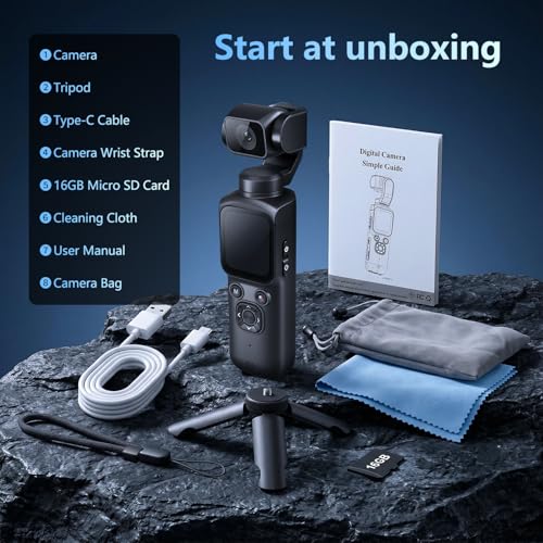 4K Vlogging Camera with 330° Rotating Lens & Face Tracking, Portable Pocket Digital Camera for YouTube TikTok with WiFi, Includes 16GB Card, Tripod & Carrying Bag,Black - color: Black